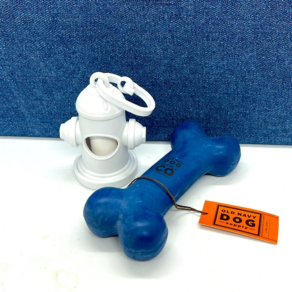 Old Navy Dog Supply Co Rubber Chew Bone & Fire Hydrant Shaped Poop Bag Holder